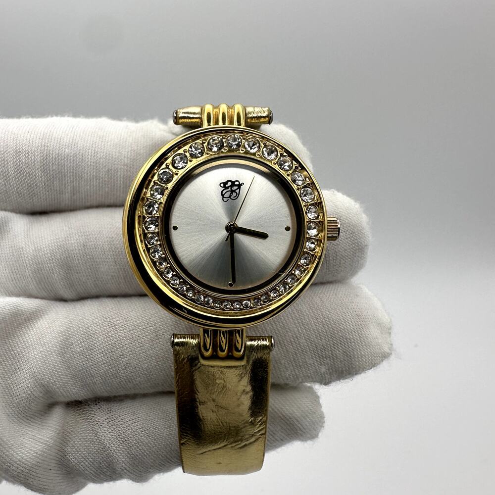 Elizabeth Taylor Gold Tone Rhinestone Bezel Women's Quartz Watch Metallic Strap - Picture 2 of 9